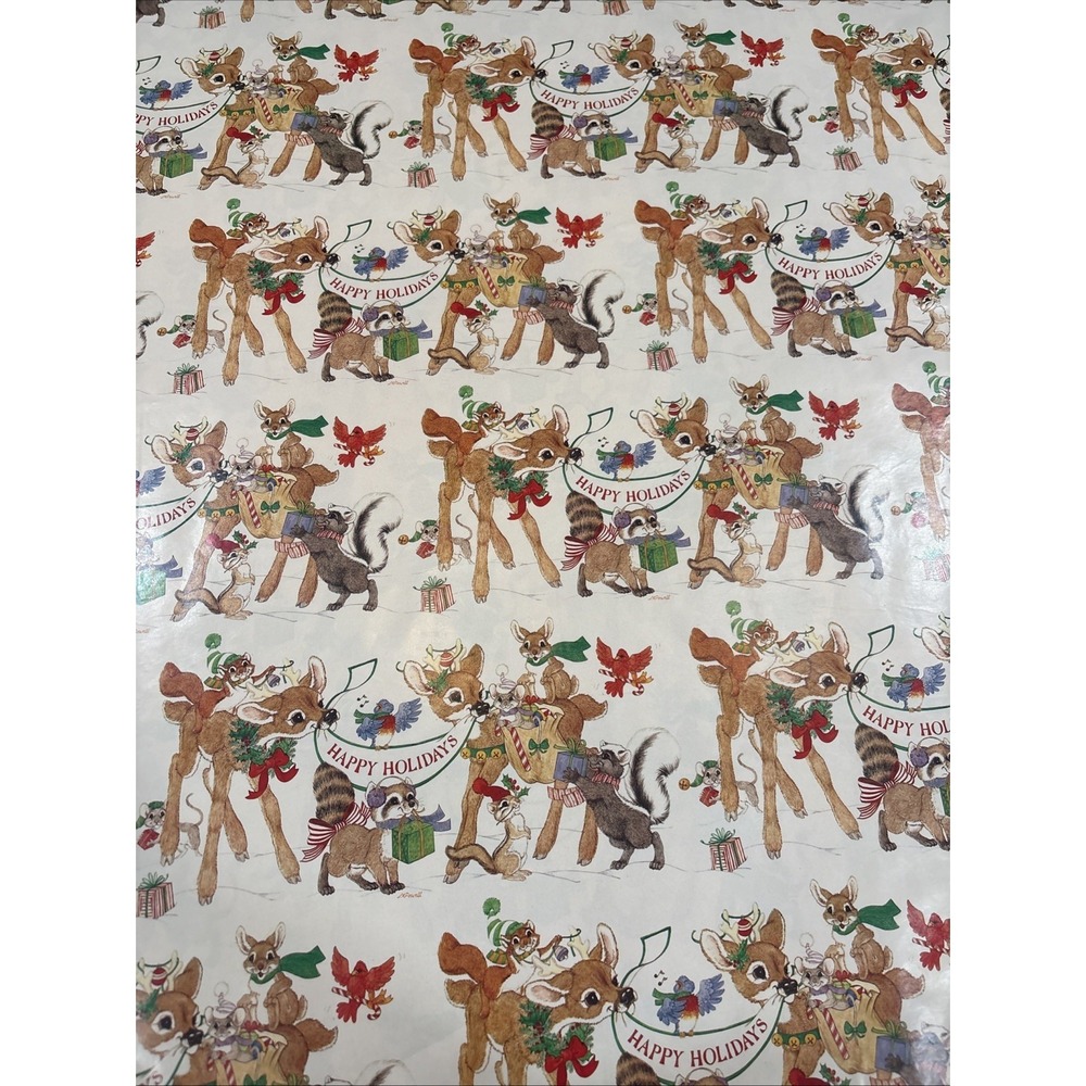 9 VTG LK‎ Powell Woodland Animals Happy Holidays Wrapping Paper gift wrap READ